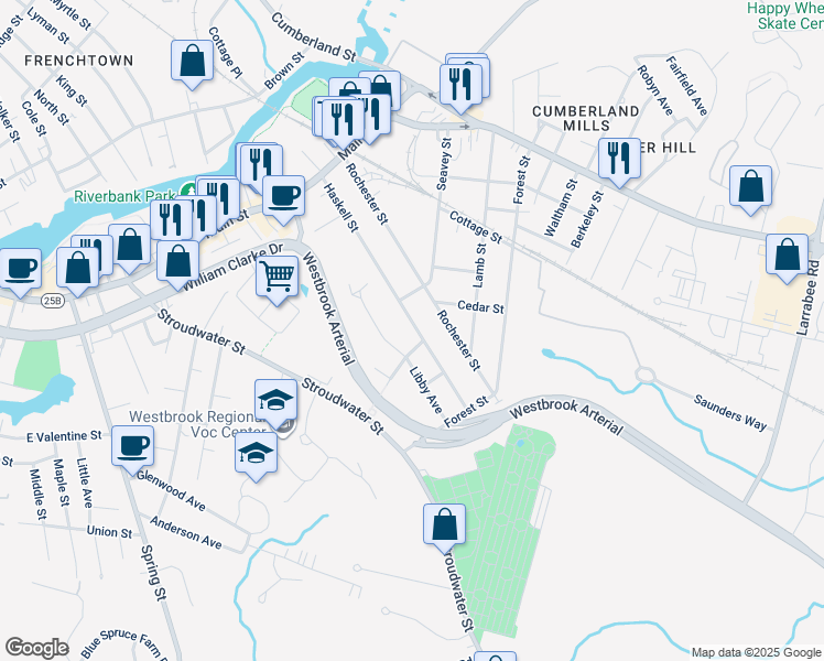 map of restaurants, bars, coffee shops, grocery stores, and more near 137 Haskell Street in Westbrook