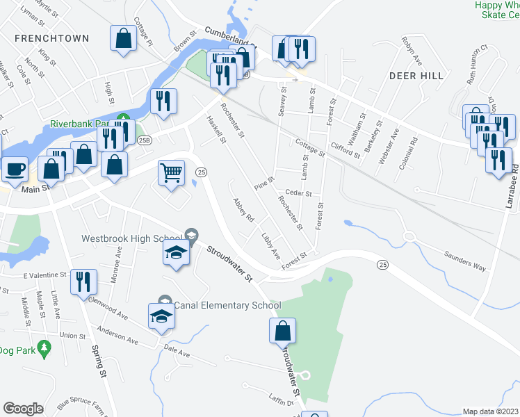 map of restaurants, bars, coffee shops, grocery stores, and more near 137 Haskell Street in Westbrook
