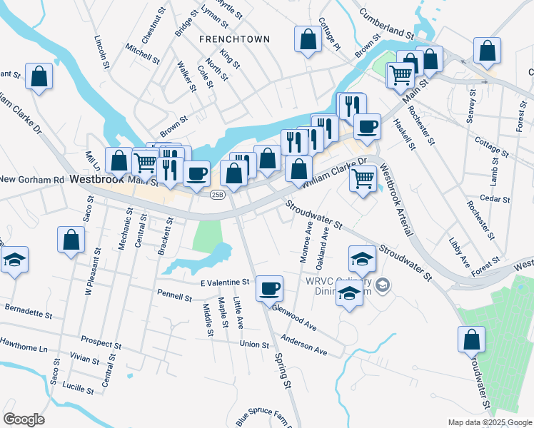 map of restaurants, bars, coffee shops, grocery stores, and more near 57 Pleasant Street in Westbrook