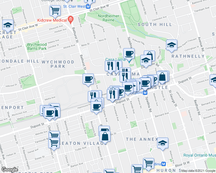 map of restaurants, bars, coffee shops, grocery stores, and more near in Toronto