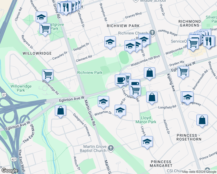 map of restaurants, bars, coffee shops, grocery stores, and more near 136 Widdicombe Hill Boulevard in Toronto