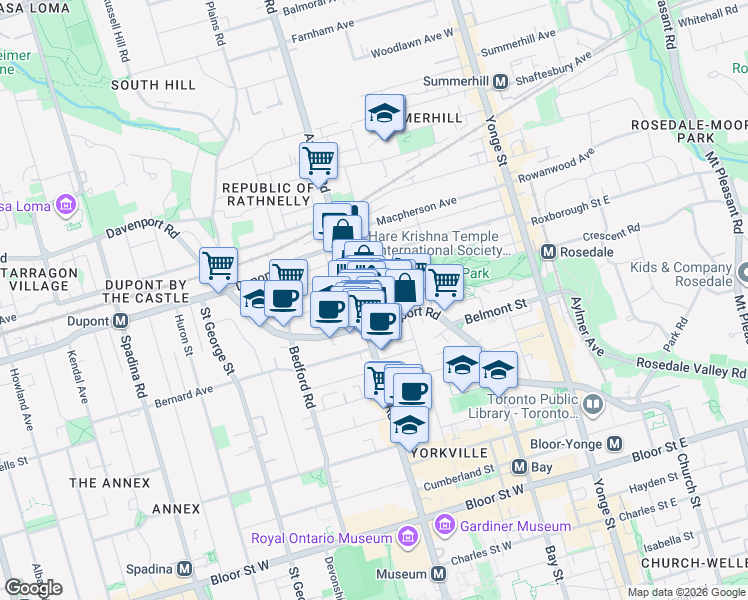 map of restaurants, bars, coffee shops, grocery stores, and more near 103 Pears Avenue in Toronto