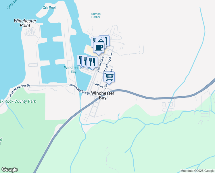 map of restaurants, bars, coffee shops, grocery stores, and more near 215 8th Street in Winchester Bay
