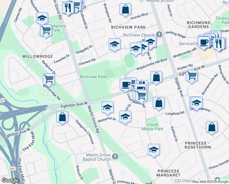 map of restaurants, bars, coffee shops, grocery stores, and more near 138 Widdicombe Hill Boulevard in Toronto