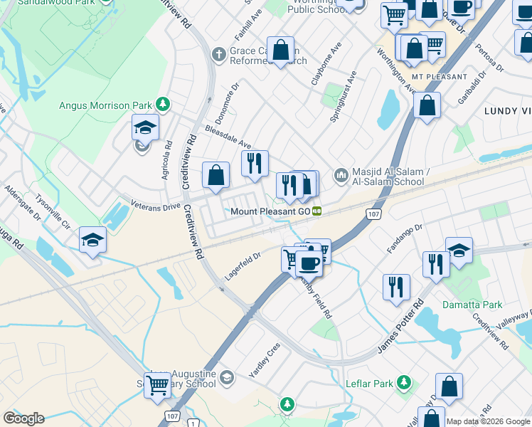 map of restaurants, bars, coffee shops, grocery stores, and more near 70 Baycliffe Crescent in Brampton