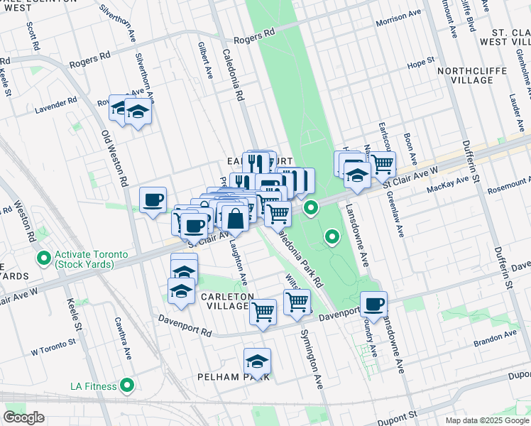 map of restaurants, bars, coffee shops, grocery stores, and more near 1506 Saint Clair Avenue West in Toronto