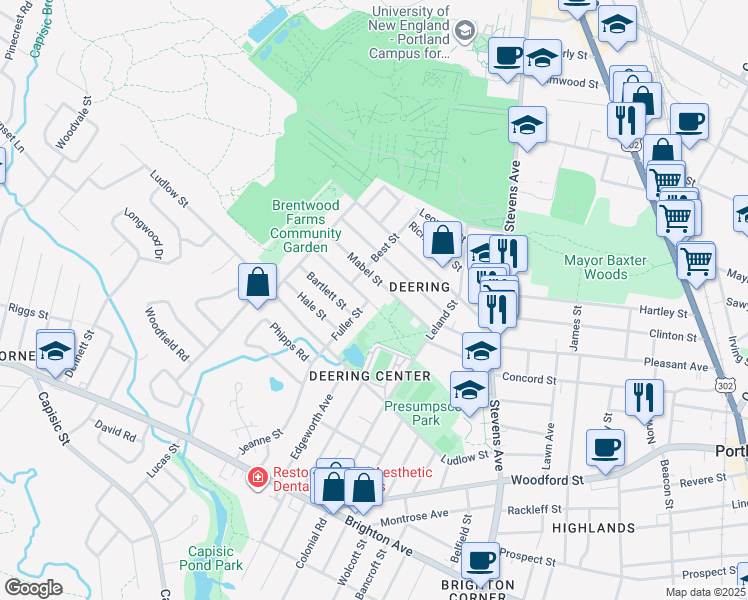 map of restaurants, bars, coffee shops, grocery stores, and more near 61 Madeline Street in Portland