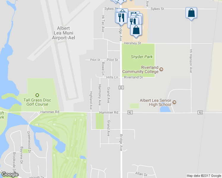 map of restaurants, bars, coffee shops, grocery stores, and more near 2142 Grand Avenue in Albert Lea
