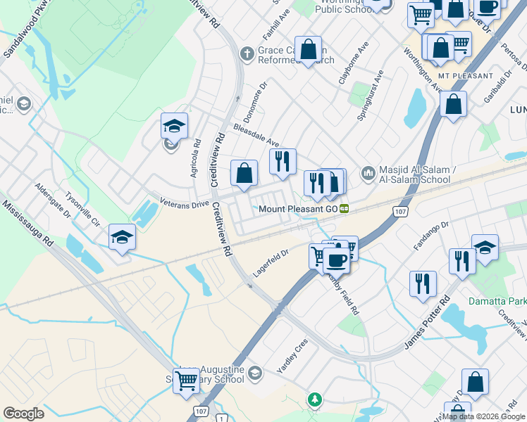 map of restaurants, bars, coffee shops, grocery stores, and more near 22 Crossbill Road in Brampton
