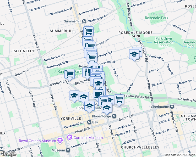 map of restaurants, bars, coffee shops, grocery stores, and more near 931 Yonge Street in Toronto