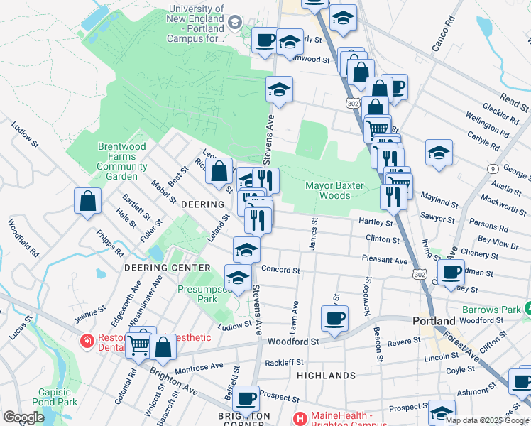 map of restaurants, bars, coffee shops, grocery stores, and more near 499 Stevens Avenue in Portland