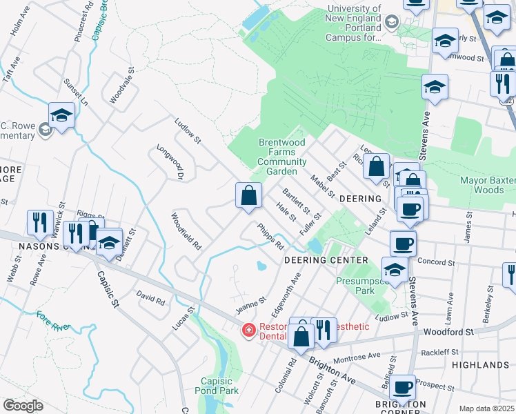 map of restaurants, bars, coffee shops, grocery stores, and more near 266 Ludlow Street in Portland