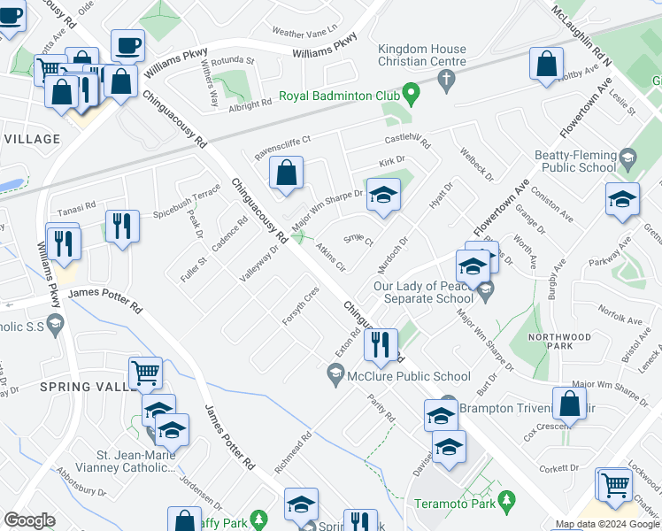 map of restaurants, bars, coffee shops, grocery stores, and more near 80 Atkins Circle in Brampton