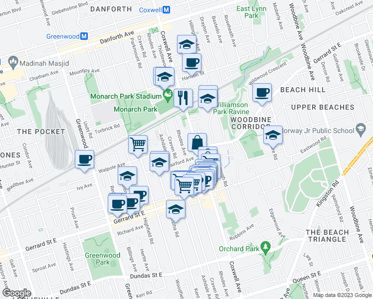 map of restaurants, bars, coffee shops, grocery stores, and more near 395 Rhodes Avenue in Toronto