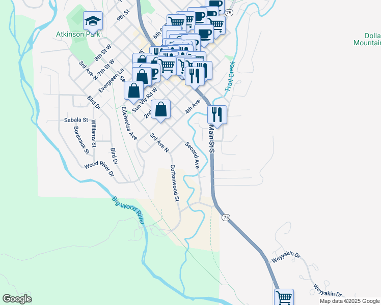 map of restaurants, bars, coffee shops, grocery stores, and more near 351 2nd Avenue South in Ketchum