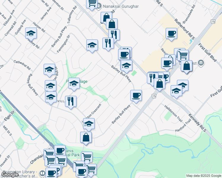 map of restaurants, bars, coffee shops, grocery stores, and more near 60 Terra Cotta Crescent in Brampton
