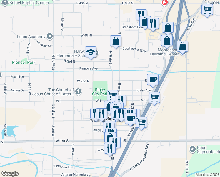 map of restaurants, bars, coffee shops, grocery stores, and more near 259 North State Street in Rigby