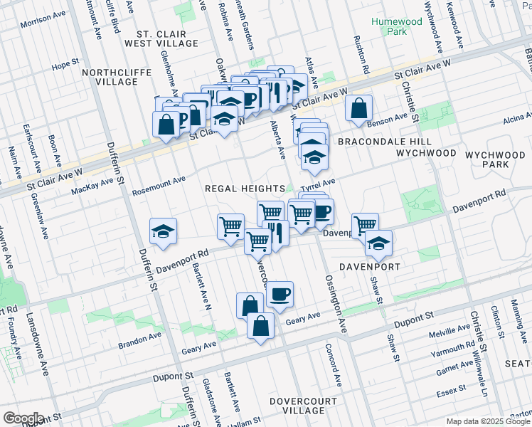 map of restaurants, bars, coffee shops, grocery stores, and more near 45 Oakwood Avenue in Toronto