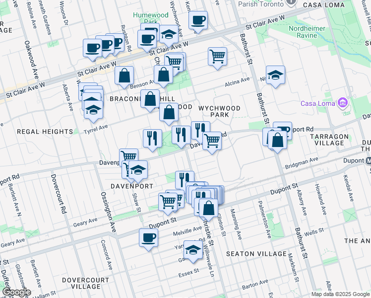 map of restaurants, bars, coffee shops, grocery stores, and more near Davenport Rd & Christie St in Toronto