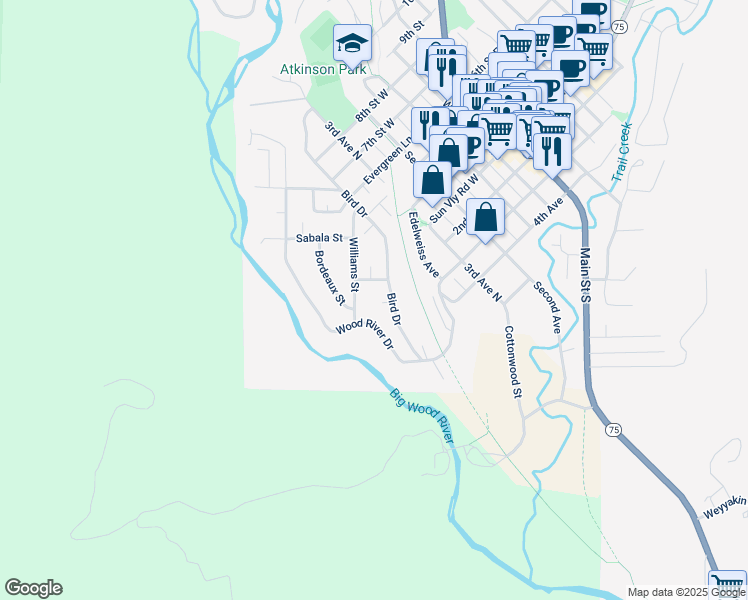 map of restaurants, bars, coffee shops, grocery stores, and more near 156 Bird Drive in Ketchum