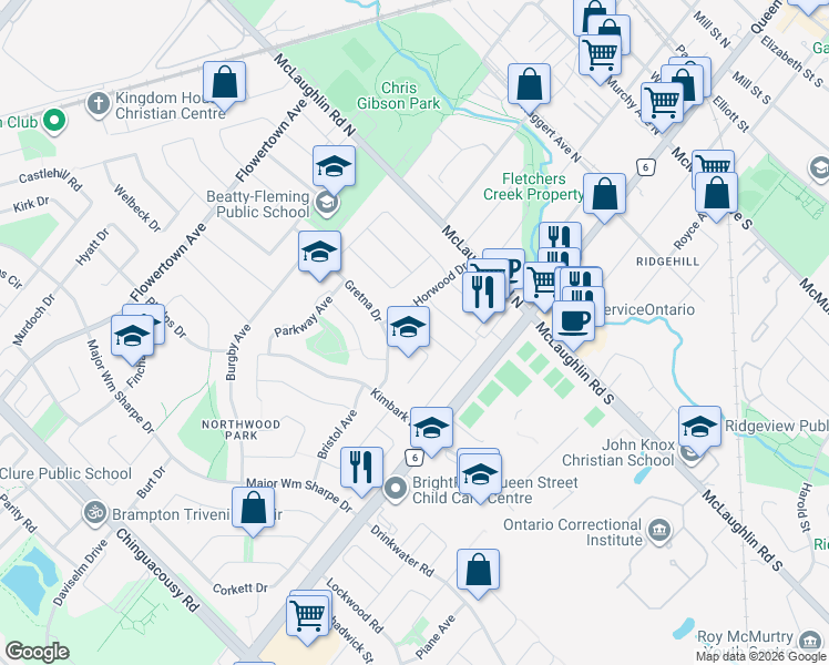 map of restaurants, bars, coffee shops, grocery stores, and more near 12 Ridgetop Avenue in Brampton