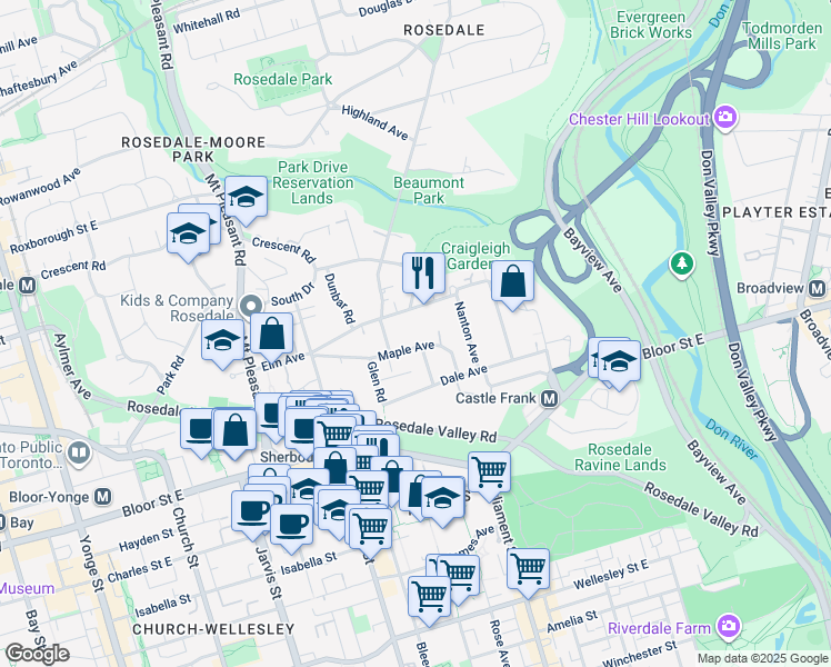 map of restaurants, bars, coffee shops, grocery stores, and more near 40 Maple Avenue in Toronto