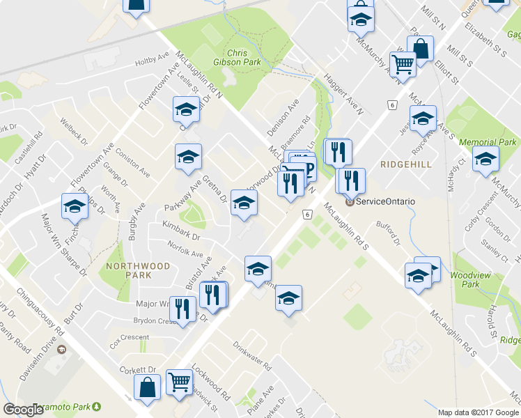 map of restaurants, bars, coffee shops, grocery stores, and more near 12 Ridgetop Avenue in Brampton