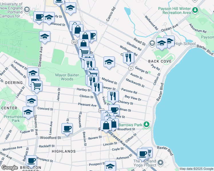 map of restaurants, bars, coffee shops, grocery stores, and more near 25 Sawyer Street in Portland