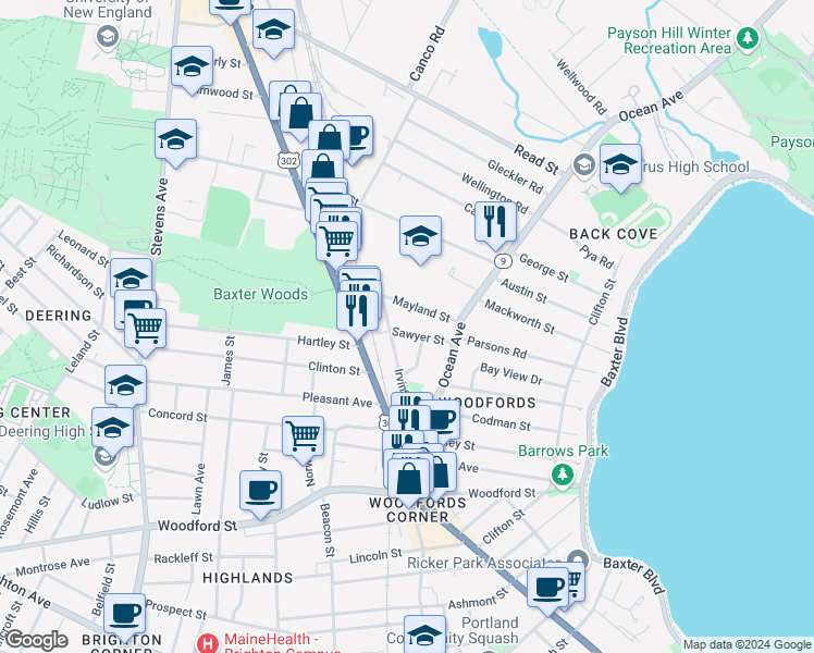 map of restaurants, bars, coffee shops, grocery stores, and more near 25 Sawyer Street in Portland
