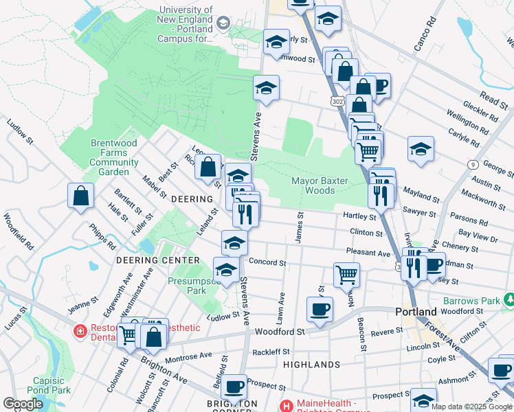 map of restaurants, bars, coffee shops, grocery stores, and more near 499 Stevens Avenue in Portland