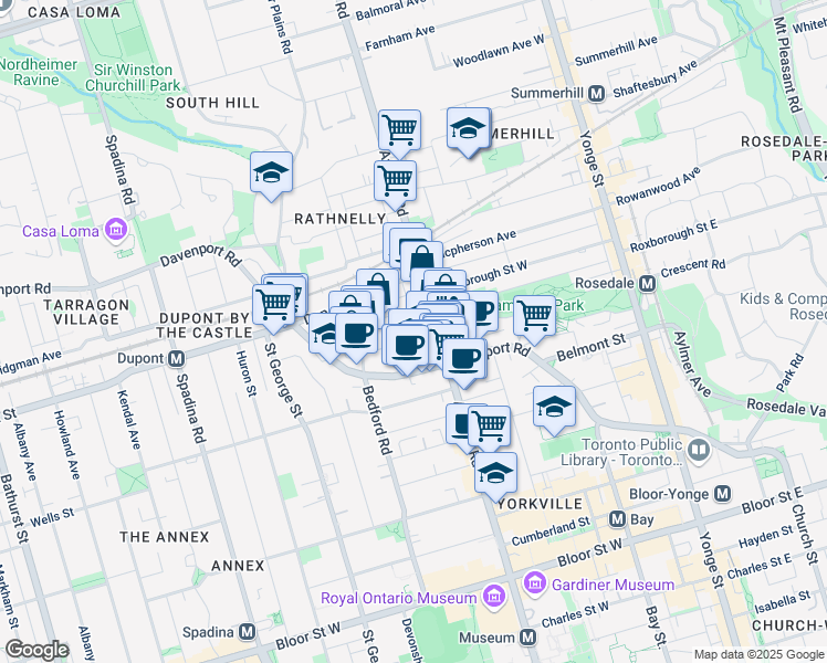 map of restaurants, bars, coffee shops, grocery stores, and more near 138 Pears Avenue in Toronto