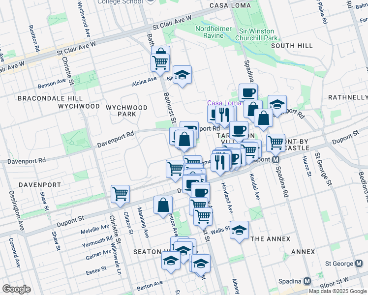 map of restaurants, bars, coffee shops, grocery stores, and more near in Toronto