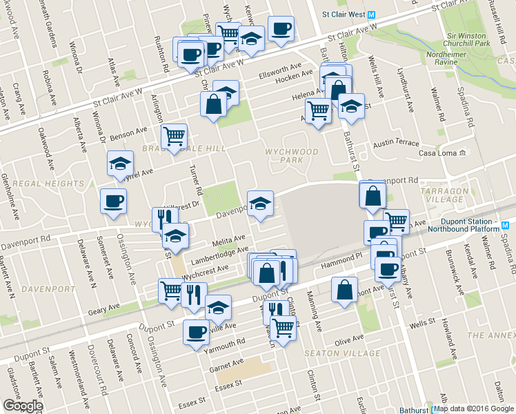 map of restaurants, bars, coffee shops, grocery stores, and more near in Toronto