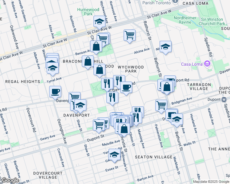 map of restaurants, bars, coffee shops, grocery stores, and more near in Toronto