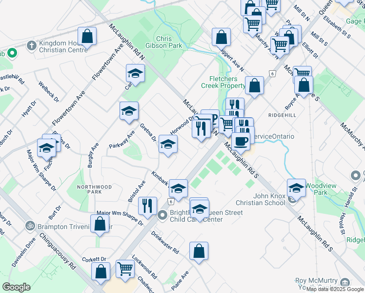 map of restaurants, bars, coffee shops, grocery stores, and more near 12 Ridgetop Avenue in Brampton