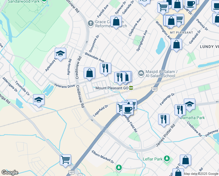 map of restaurants, bars, coffee shops, grocery stores, and more near in Brampton