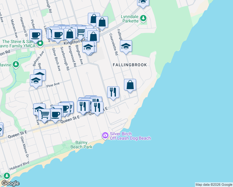 map of restaurants, bars, coffee shops, grocery stores, and more near 18 Blantyre Avenue in Toronto