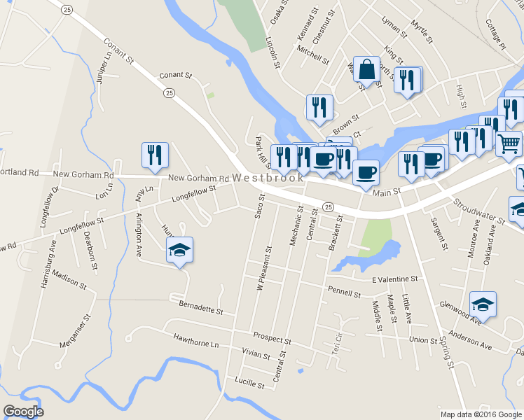 map of restaurants, bars, coffee shops, grocery stores, and more near 42 Saco Street in Westbrook