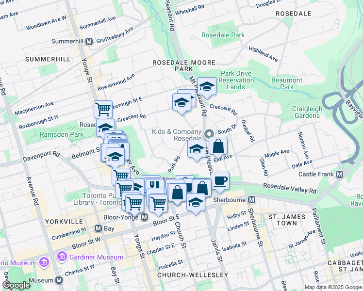 map of restaurants, bars, coffee shops, grocery stores, and more near 104 Park Road in Toronto