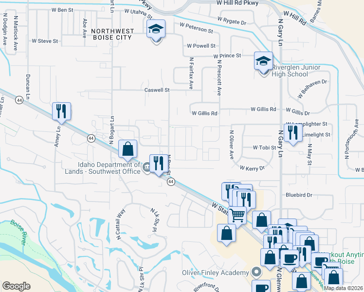 map of restaurants, bars, coffee shops, grocery stores, and more near 8448 West Limelight Drive in Boise