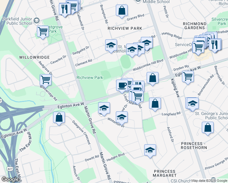 map of restaurants, bars, coffee shops, grocery stores, and more near 140 Widdicombe Hill Boulevard in Toronto