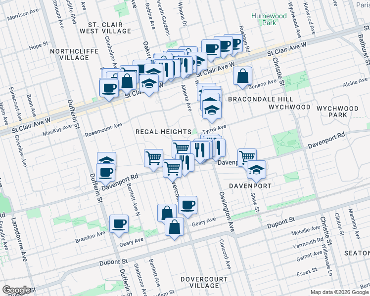 map of restaurants, bars, coffee shops, grocery stores, and more near 2 Regal Road in Toronto
