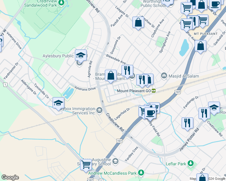 map of restaurants, bars, coffee shops, grocery stores, and more near 24 Affleck Road in Brampton