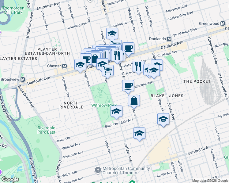 map of restaurants, bars, coffee shops, grocery stores, and more near 4 Strathcona Avenue in Toronto