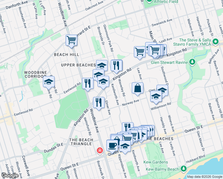 map of restaurants, bars, coffee shops, grocery stores, and more near 326 Kenilworth Avenue in Toronto