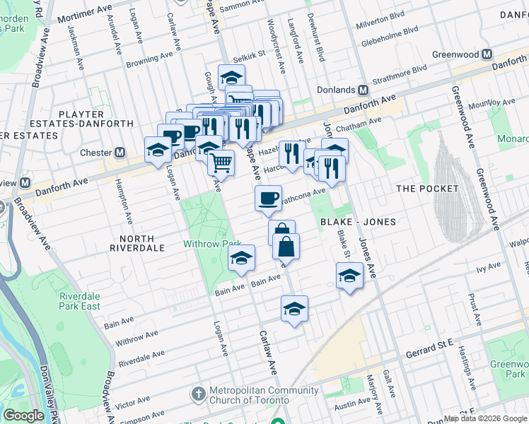 map of restaurants, bars, coffee shops, grocery stores, and more near 606 Pape Avenue in Toronto
