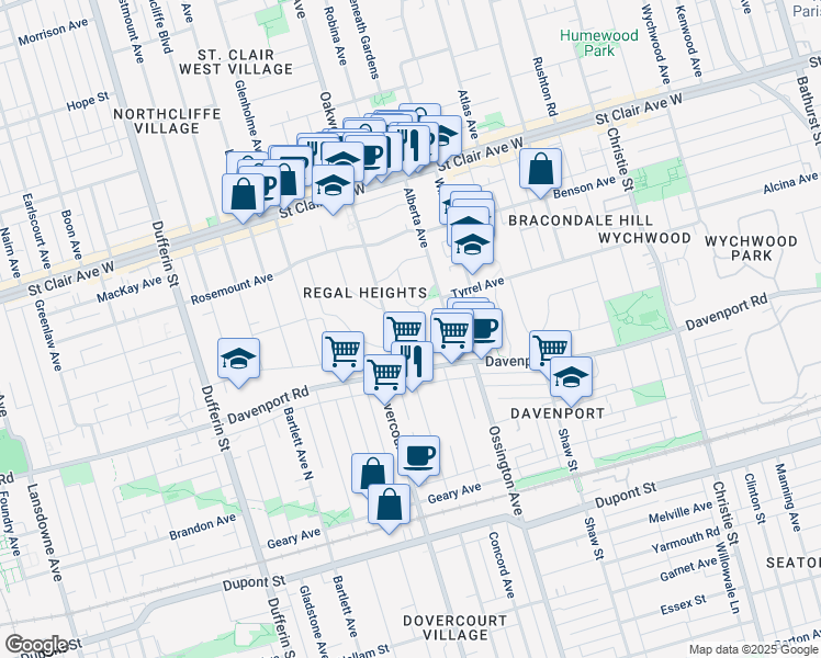 map of restaurants, bars, coffee shops, grocery stores, and more near 49 Oakwood Avenue in Toronto