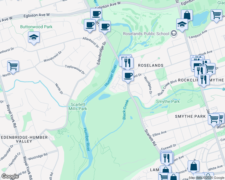 map of restaurants, bars, coffee shops, grocery stores, and more near 240 Scarlett Road in Toronto