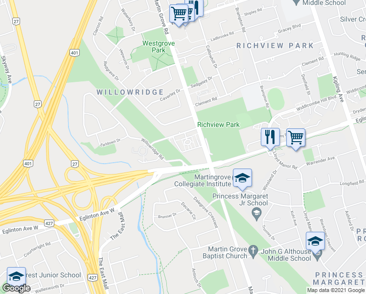 map of restaurants, bars, coffee shops, grocery stores, and more near 620 Martin Grove Road in Toronto