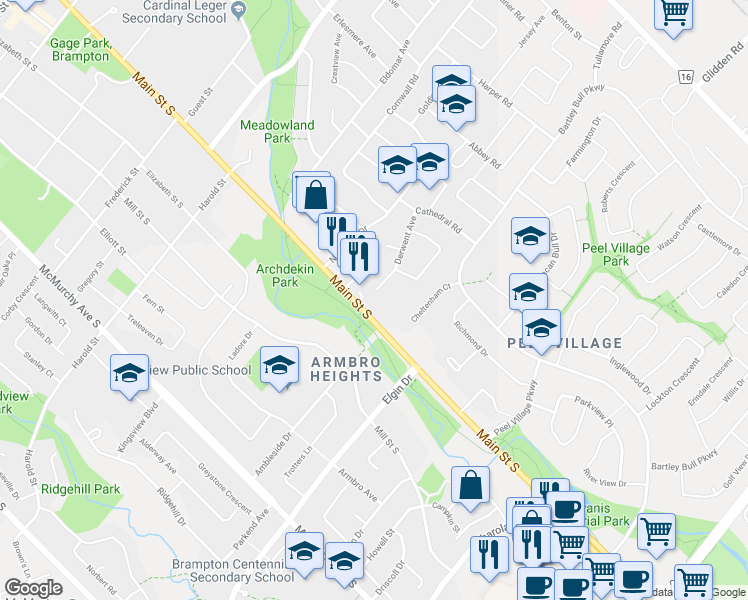 map of restaurants, bars, coffee shops, grocery stores, and more near 30 Derwent Avenue in Brampton